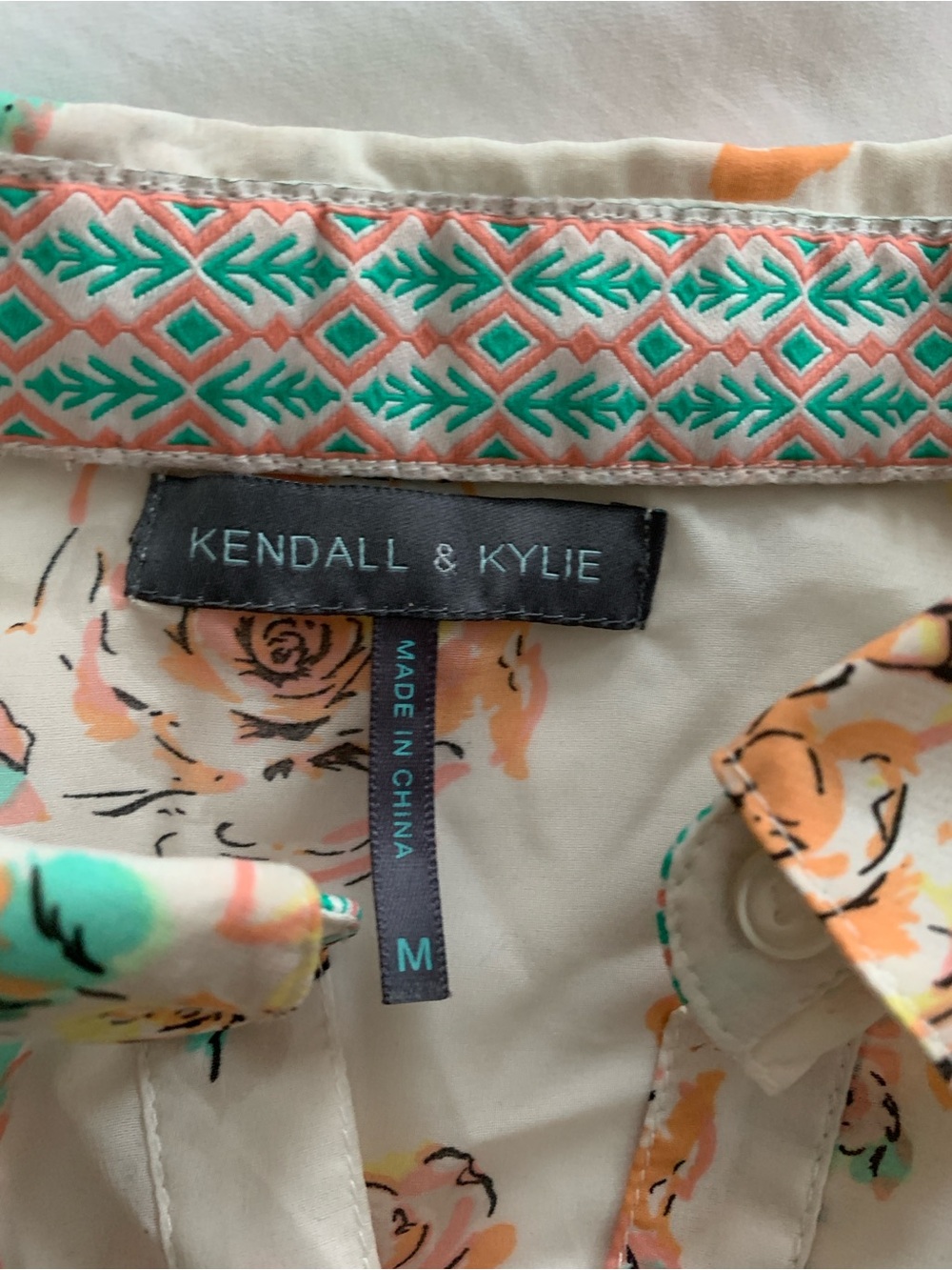 Kendall & Kylie Cream Floral Shorts with Coral & Mint Embroidery